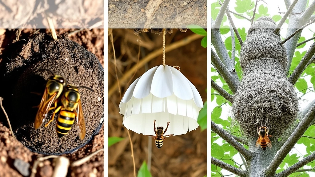 Comparison view showing three different types of wasp nests: underground yellow jacket burrow entrance, paper wasp umbrella nest, and large gray bald-faced hornet nest in a tree