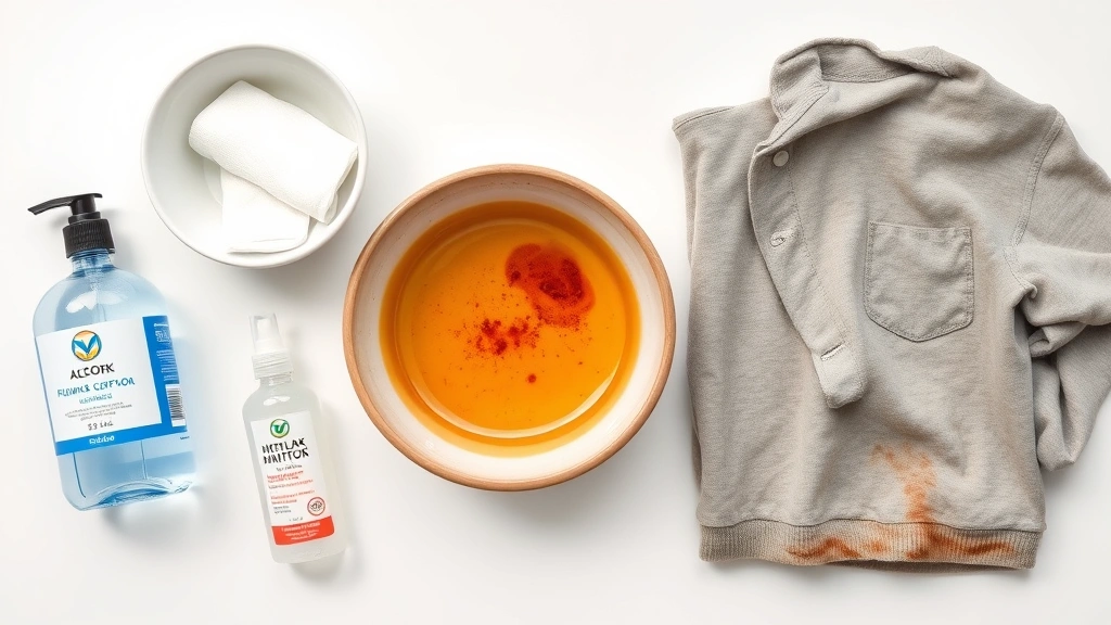 Flat lay of stain removal supplies arranged on white surface: rubbing alcohol bottle, white cloths, bowl, hand sanitizer, and hairspray bottle next to a stained garment