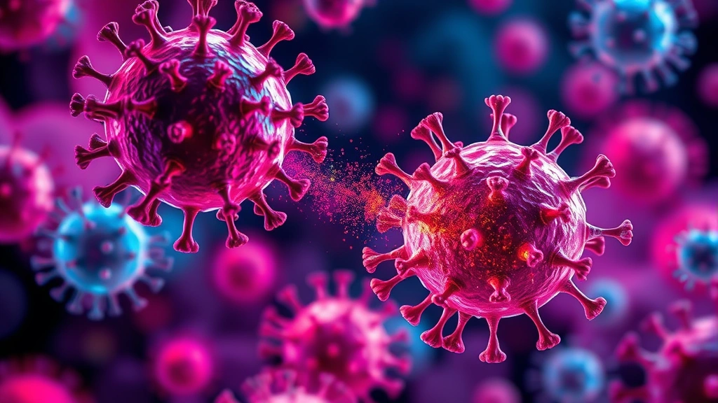 Microscopic view of virus particles attacking human immune cells, vibrant colors showing biological interaction, scientific illustration style with depth of field
