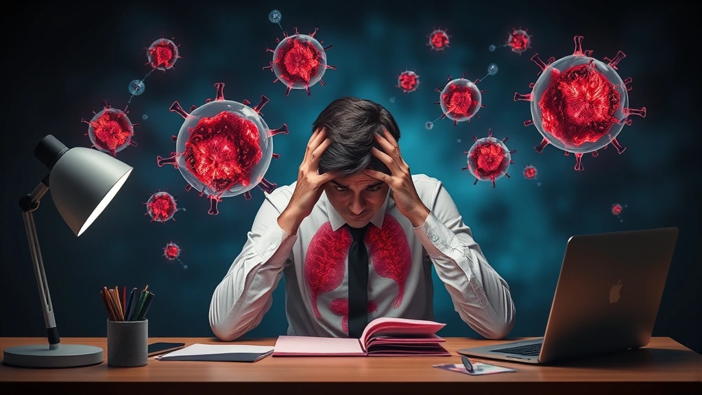 Person stressed at desk with visual representations of stress hormones floating around, showing physical manifestation of mental stress affecting body, abstract biological visualization