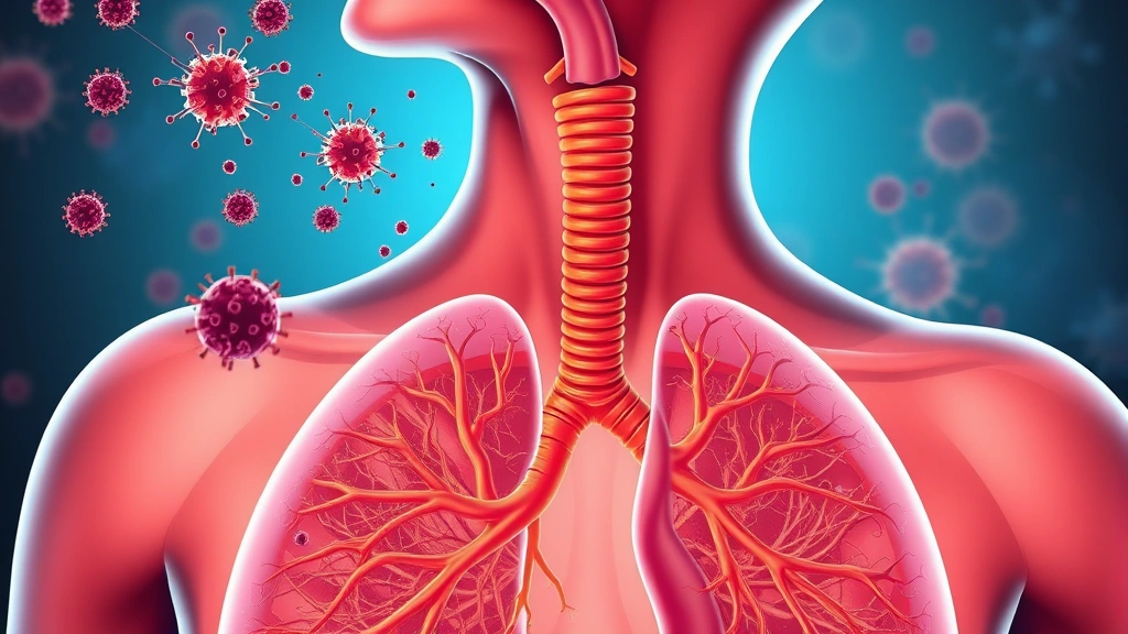 Cross-section of respiratory tract showing pathogen droplets entering airways, detailed anatomical illustration with warm and cool color contrast showing infection pathway