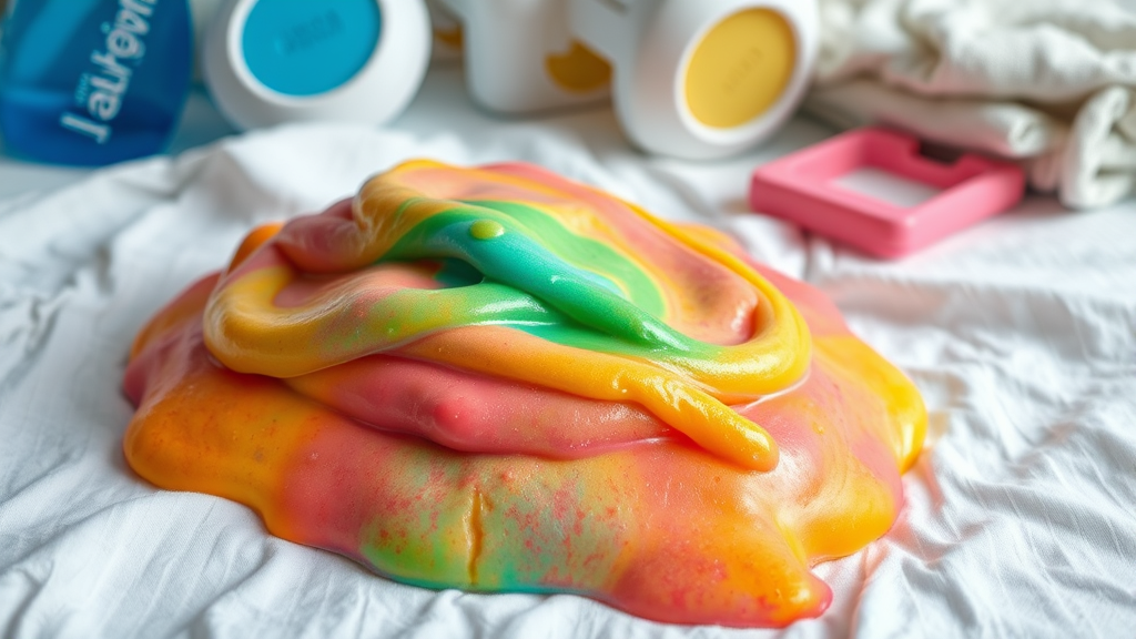 Colorful slime stuck on white fabric with cleaning supplies nearby no text no words no letters