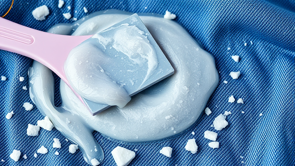 Frozen slime being scraped off denim fabric with plastic scraper tool no text no words no letters