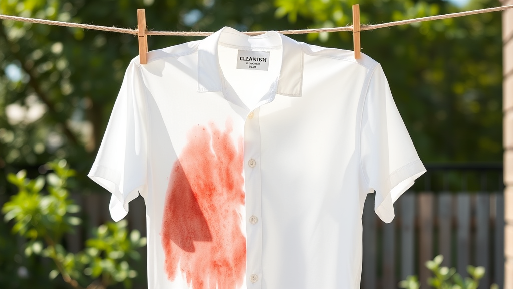 Clean white shirt hanging on clothesline after successful stain removal no text no words no letters