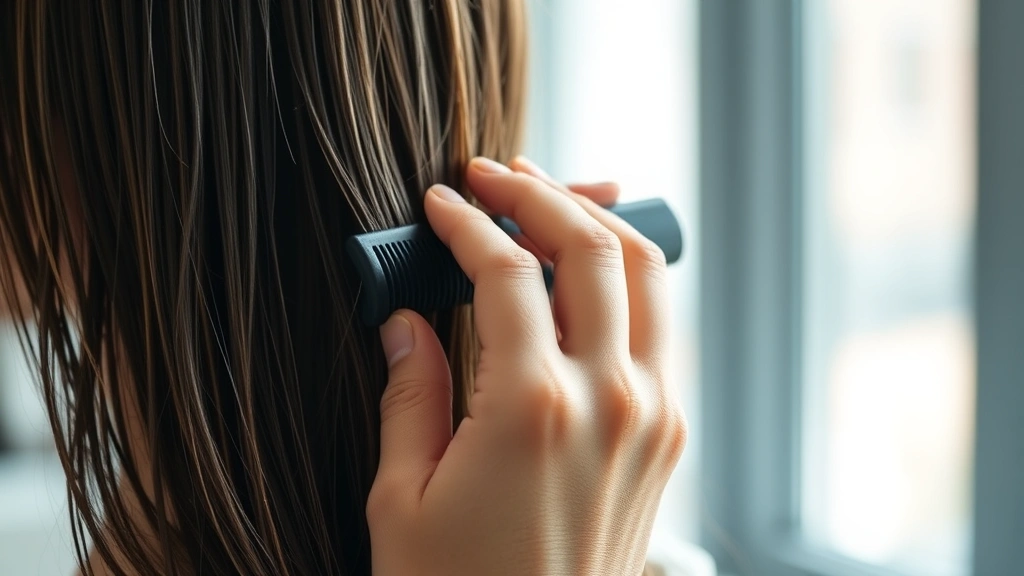 Close-up of hands gently combing through wet hair with a wide-tooth comb, soft natural lighting from window, professional salon setting