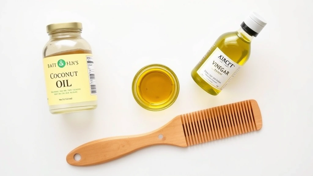 Overhead view of various household items arranged on white surface: coconut oil jar, white vinegar bottle, olive oil, and a wide-tooth comb ready for use