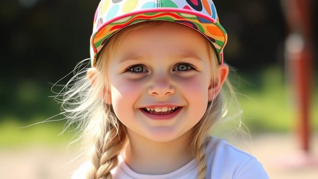 Child with long blonde hair in a braid, wearing a colorful baseball cap during outdoor play, natural daylight, happy expression
