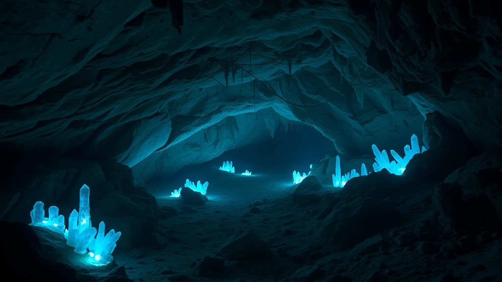 Underground cavern with glowing crystal formations and rocky pathways, deep subterranean cave system with ethereal blue lighting