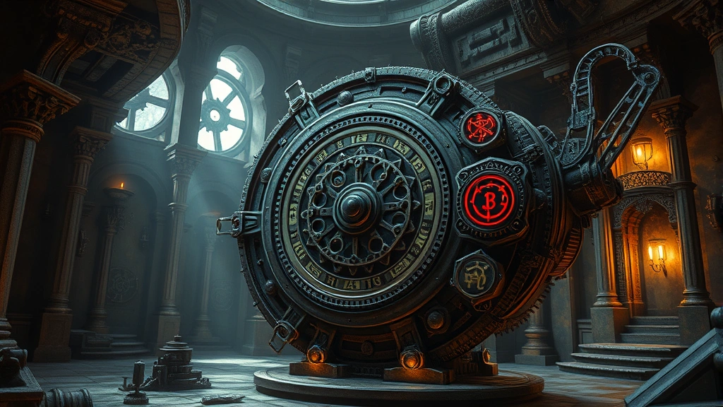 Mechanical device with intricate gears and elemental symbols, mysterious artifact chamber with ancient architecture and atmospheric lighting