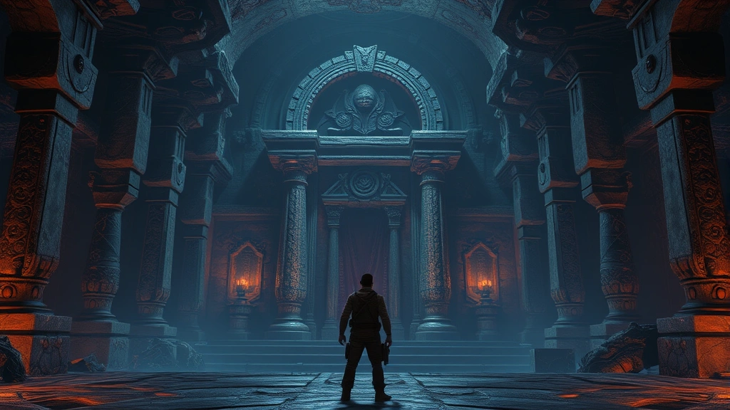 Player character standing before massive stone chamber entrance, underground architecture with pillars and mysterious glowing mechanisms