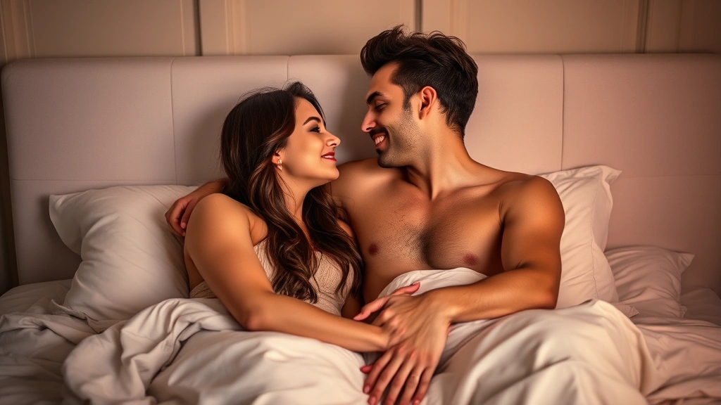 Intimate couple in bedroom with soft lighting and comfortable bedding, showing affection and closeness, natural expressions of connection