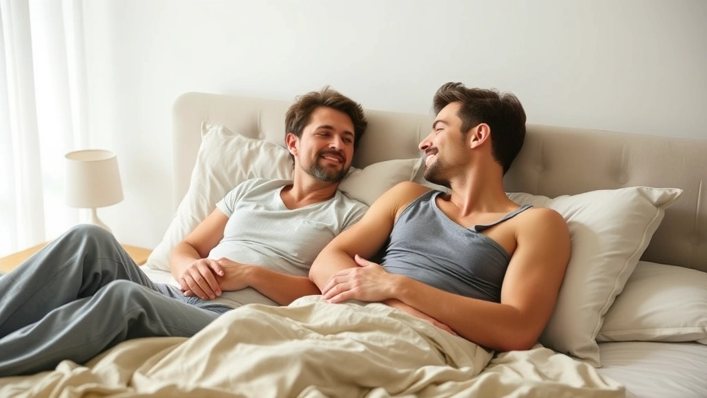 Relaxed couple in comfortable position on bed, showing communication and comfort during intimate moment, peaceful expression