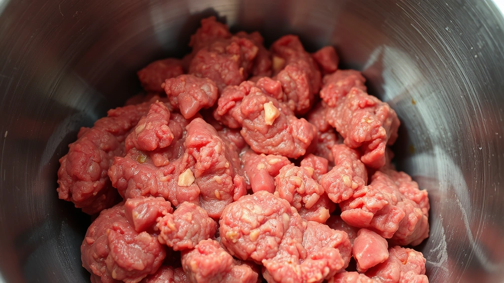Close-up of raw ground beef with visible fat marbling in a metal bowl, cool lighting, ready to be formed into patties