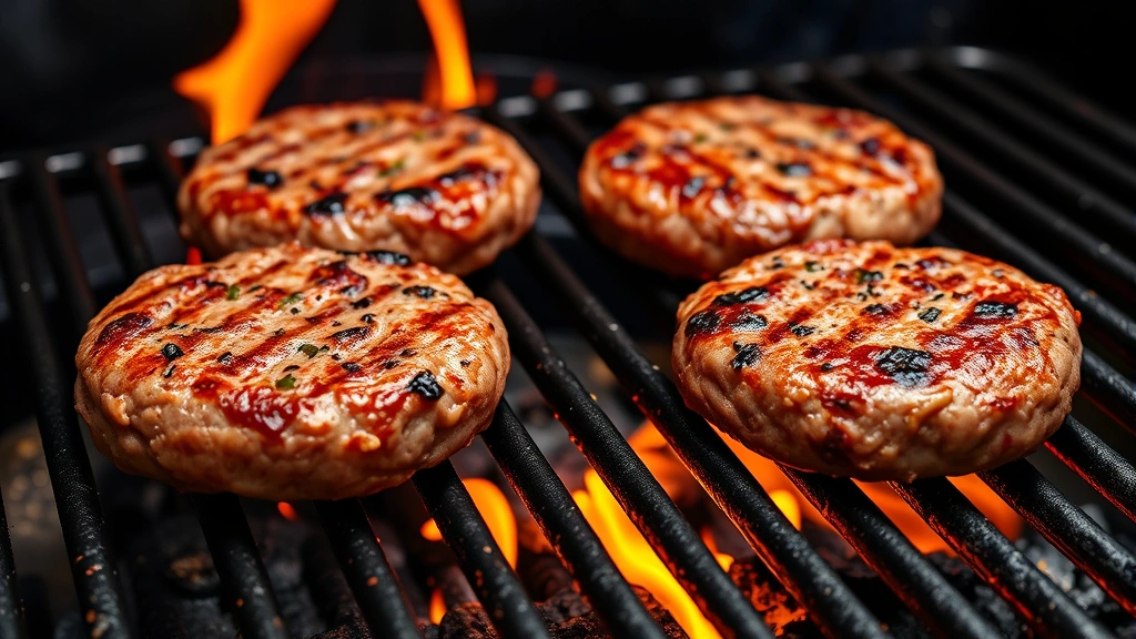 Burger patties sizzling on a hot grill grate with visible char and crust forming, flames visible in background, professional grill photography