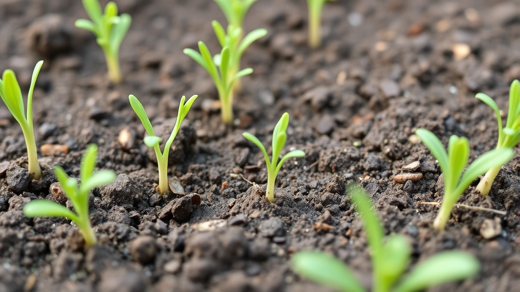 Close-up of carrot seedlings with delicate green tops emerging from moist soil, showing proper thinning spacing between young plants