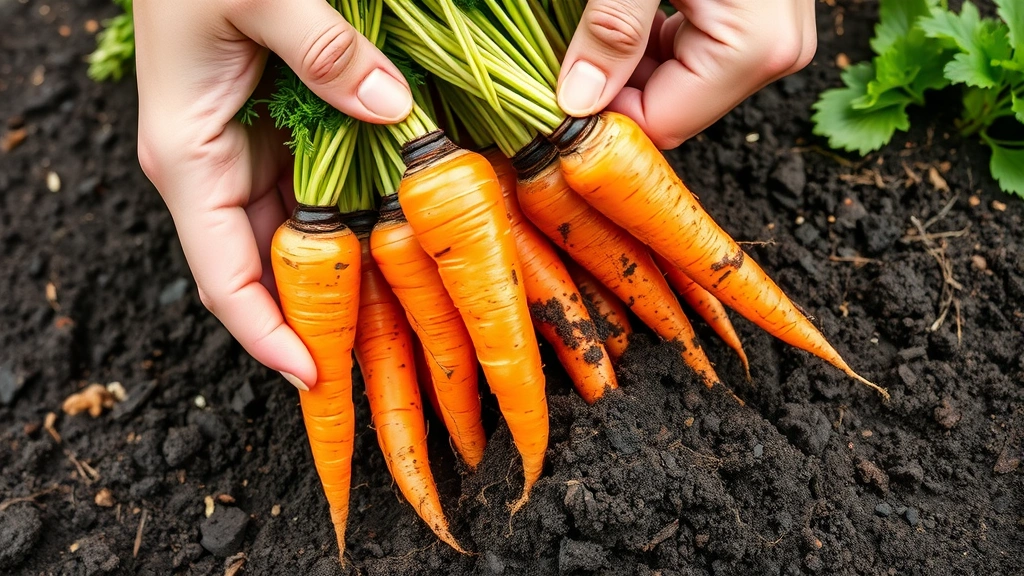 Hands pulling fresh orange carrots from dark soil, revealing vibrant roots with soil still clinging, garden setting in background