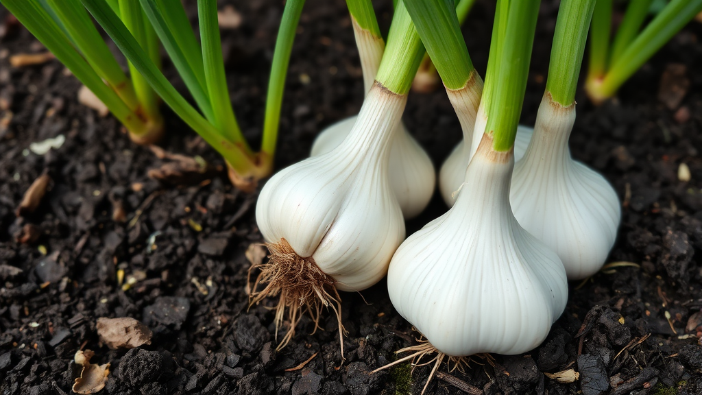 Fresh garlic bulbs with roots and green shoots growing in rich dark soil, rustic garden setting, natural lighting, no text no words no letters