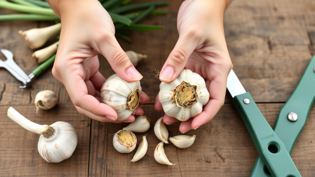 Hands separating garlic bulb into individual cloves for planting, wooden table surface, gardening tools nearby, no text no words no letters
