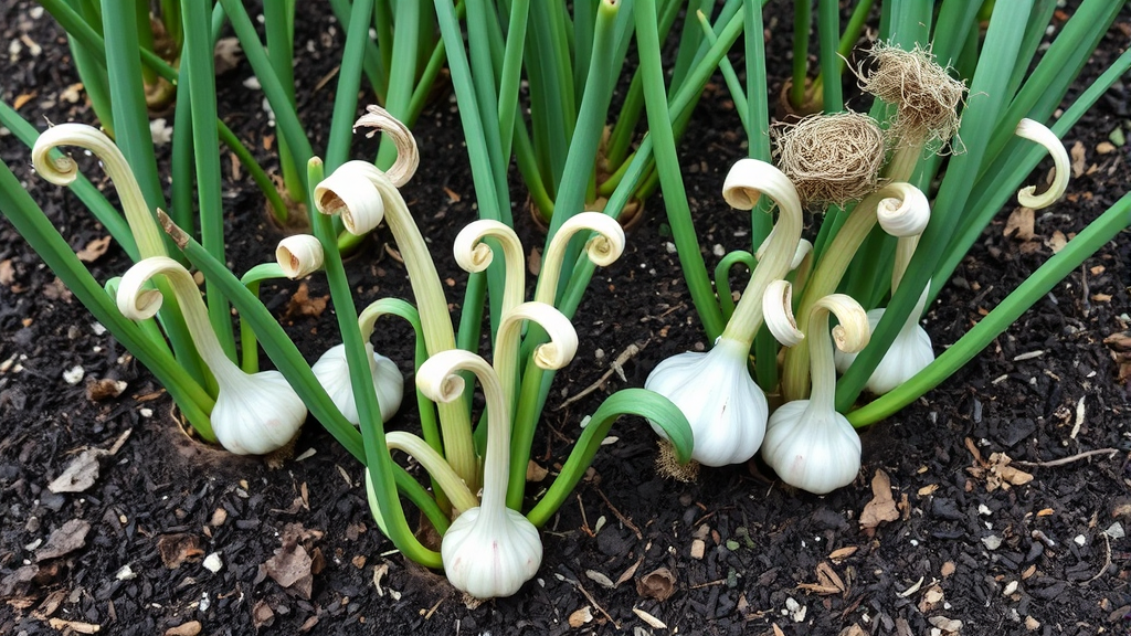 Mature garlic plants with curled scapes in garden bed, mulched soil, healthy green foliage, harvest ready, no text no words no letters