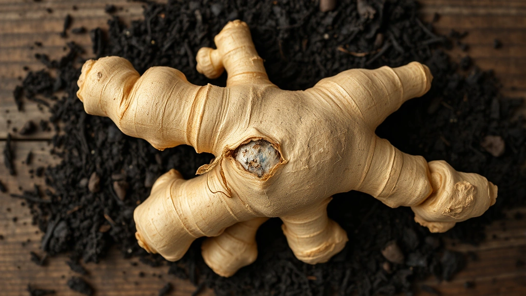 Close-up overhead view of fresh ginger rhizomes with visible growth buds on dark soil, natural daylight, rustic wooden table background
