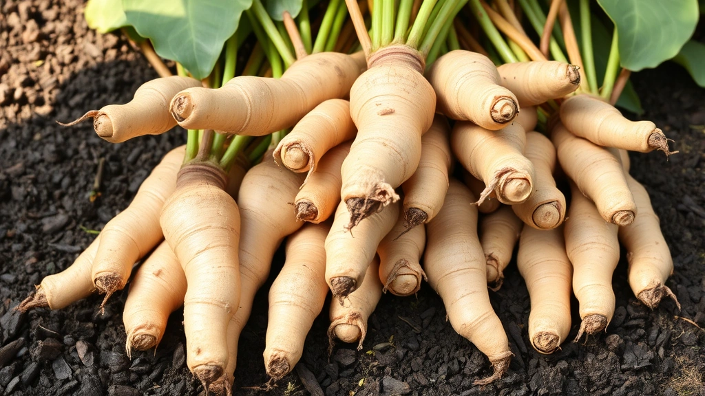 Fresh ginger rhizomes with visible buds and growth eyes, arranged on rich dark soil, warm natural lighting