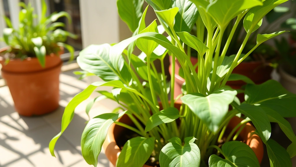 Healthy ginger plant with vibrant green shoots and leaves growing in terracotta container on sunlit patio, lush foliage visible