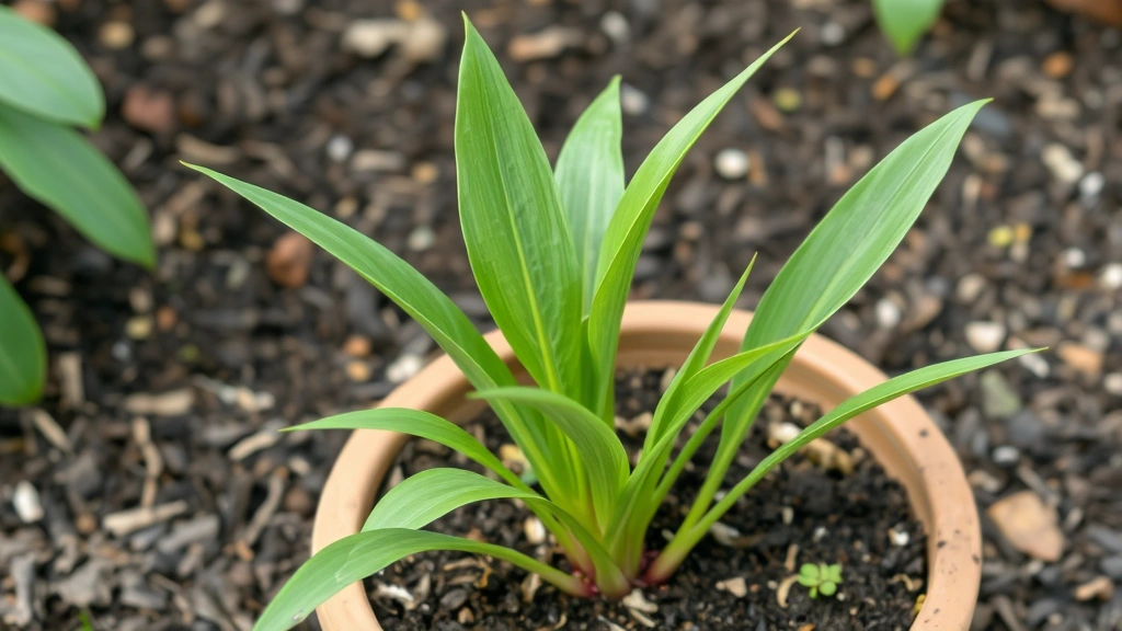 Thriving ginger plant with lush green lance-shaped leaves emerging from mulched soil in a ceramic pot