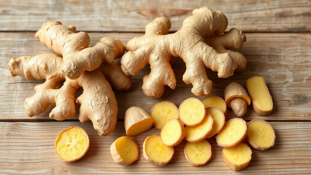 Harvested ginger rhizomes rinsed and displayed on weathered wooden surface, showing natural clusters and individual pieces ready for storage