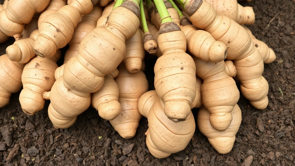Harvested ginger rhizomes showing mature knobby structure, freshly dug from garden bed with soil particles visible