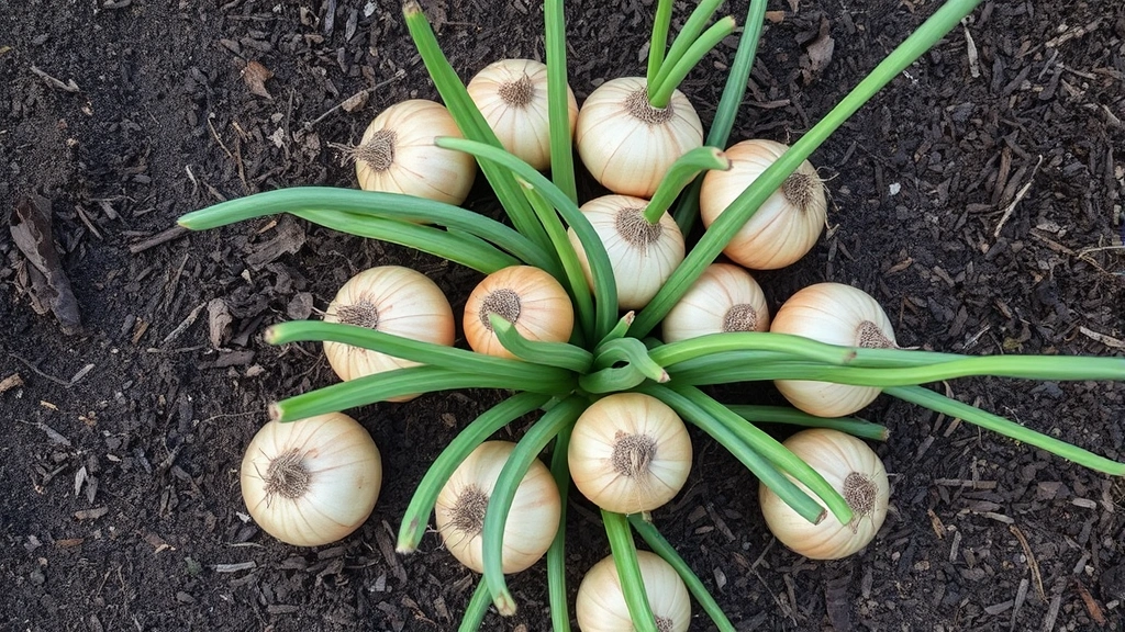 Overhead view of mature onion plants with visible bulges at soil level in organized garden rows with mulch