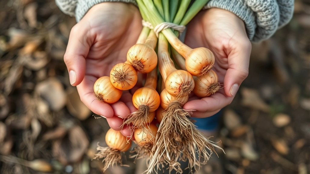 Hands holding freshly harvested golden onions with papery skin and dried roots during harvest time