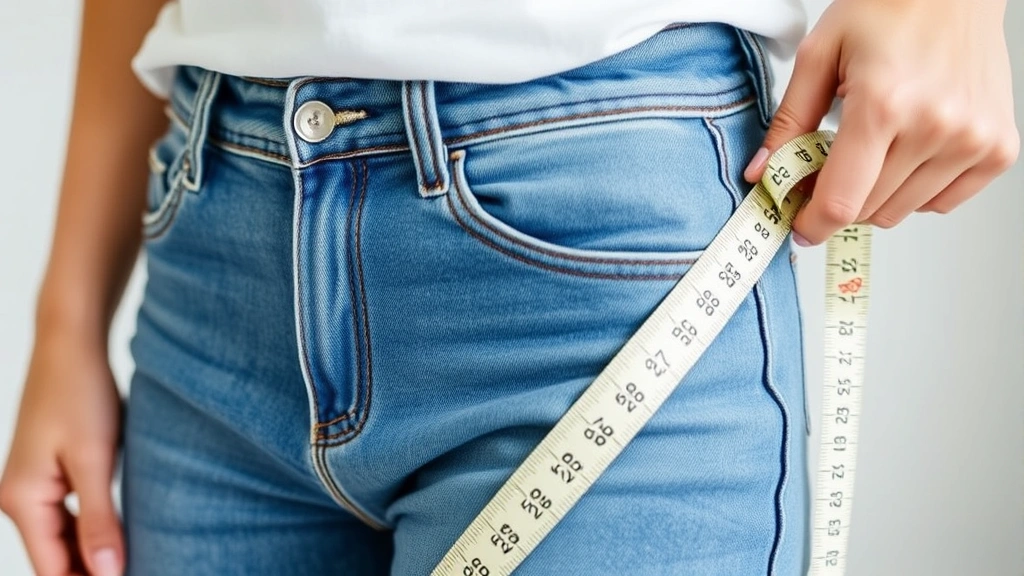 Close-up of measuring tape along inside seam of jeans with person wearing them, showing proper measurement technique for pant length