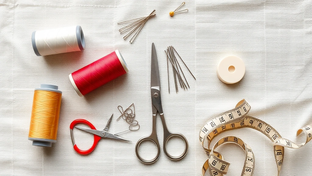 Flat lay of sewing supplies including thread, needle, scissors, pins, tailor's chalk, and measuring tape arranged on neutral fabric background