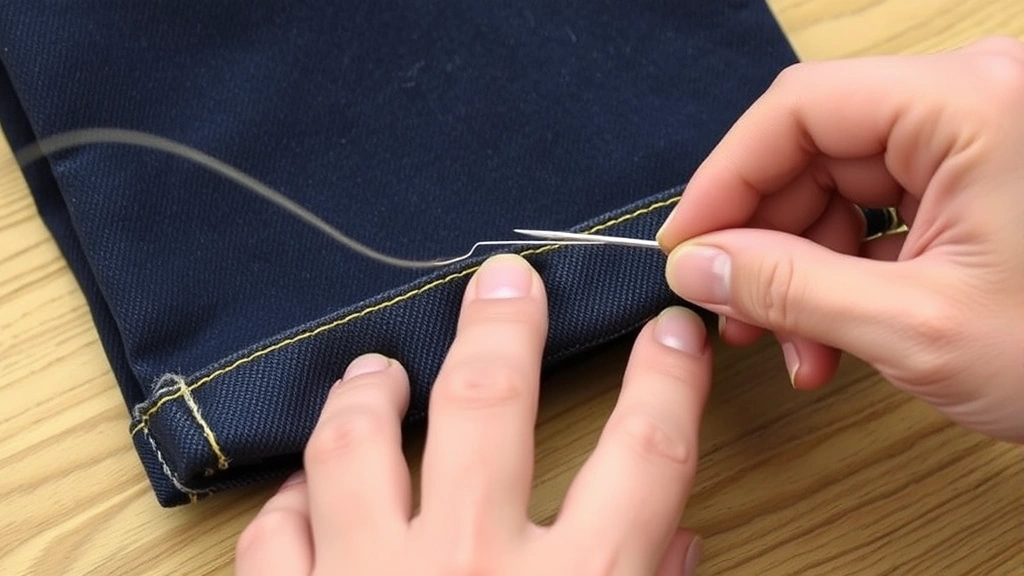 Hands demonstrating hand-sewing technique on folded hem of dark jeans with needle and thread, showing stitch detail and proper needle angle