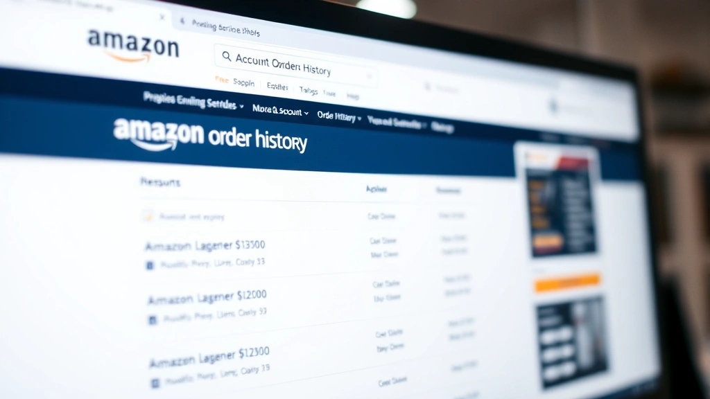 Close-up of a computer screen displaying Amazon account order history page with order items listed, soft office lighting, clean minimalist interface design