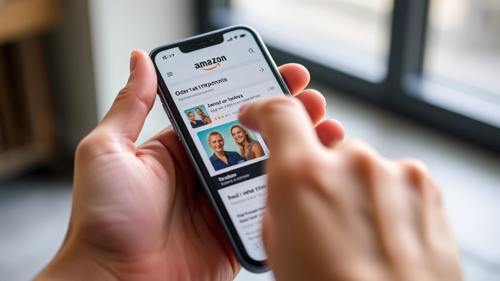 Smartphone showing Amazon mobile app with swipe gesture on an order item, hand performing swipe motion, modern interface visible, natural daylight