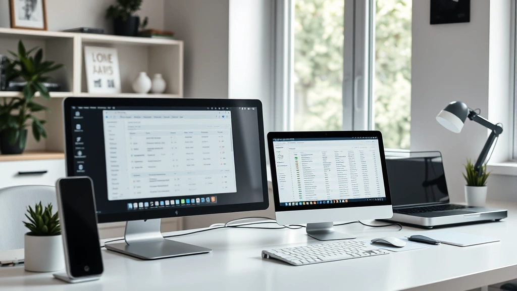 Organized digital workspace with multiple devices showing archived orders, clean desk setup, natural lighting through window, productivity focused