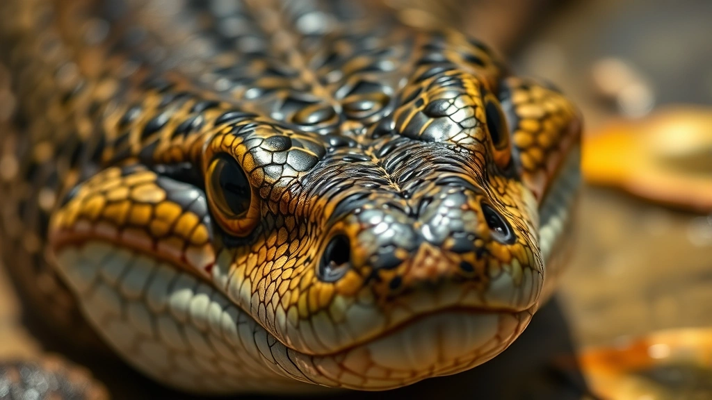 Close-up of a water moccasin's triangular head and distinctive facial features in natural lighting, showing keeled scales and eye detail