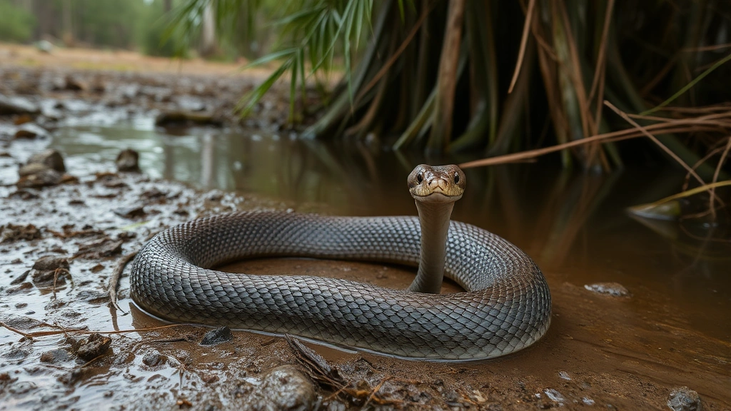 A water moccasin snake coiled defensively on muddy ground near cypress trees and dark water, showing triangular head shape and stocky body