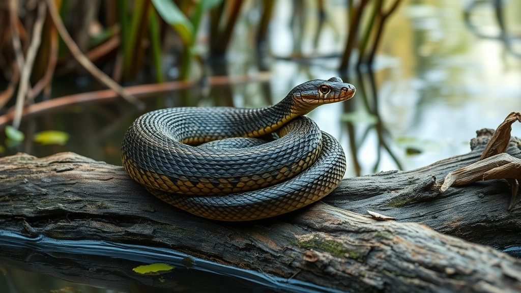 Water moccasin coiled defensively on a log in a marshy wetland environment, displaying its natural posture and stocky build