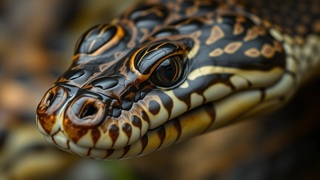 Close-up detail of a water moccasin's head displaying distinctive facial markings, eye stripes, and heat-sensing pits between eye and nostril
