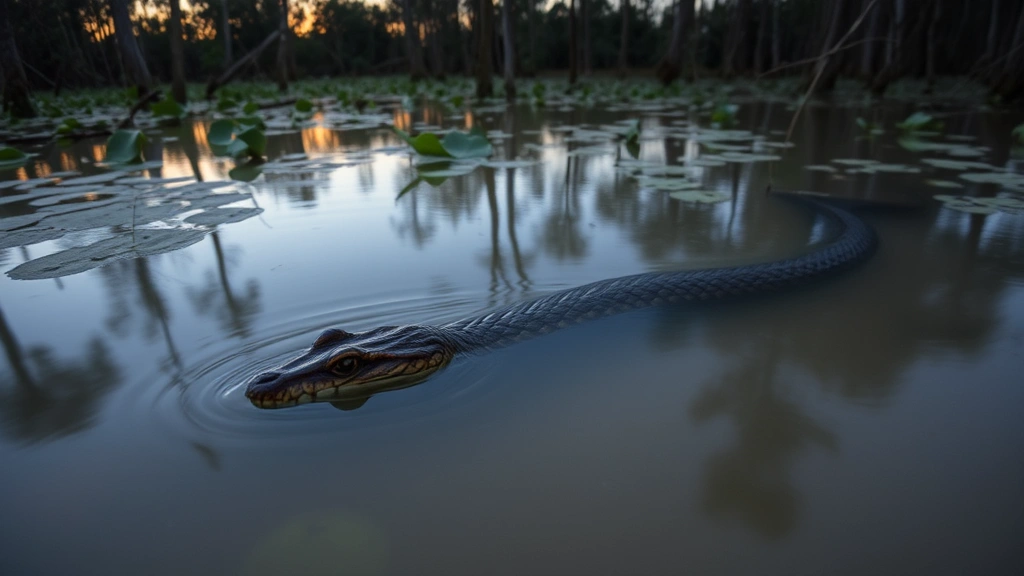 Water moccasin swimming in murky swamp water with vegetation and cypress trees visible in the background at dusk