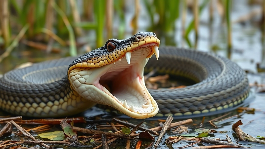 A water moccasin with mouth wide open in defensive cottonmouth display showing pale interior, positioned on wetland vegetation with marsh backdrop