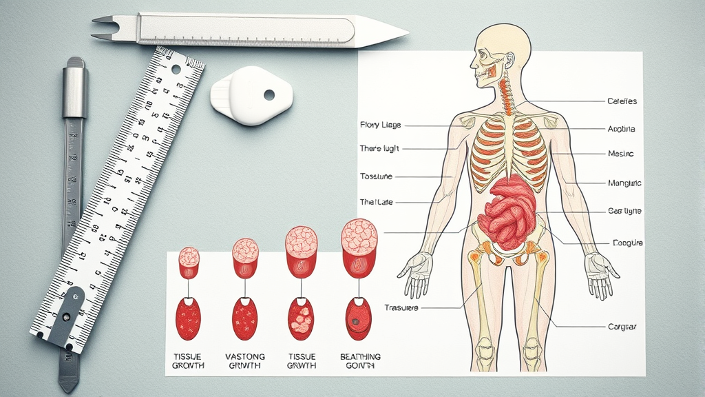 Medical measurement tools and anatomical diagram showing tissue growth progression, no text no words no letters