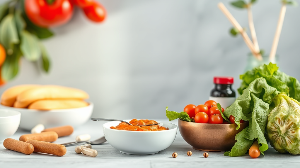 Nutritious foods and supplements arranged with medical consultation setting, no text no words no letters