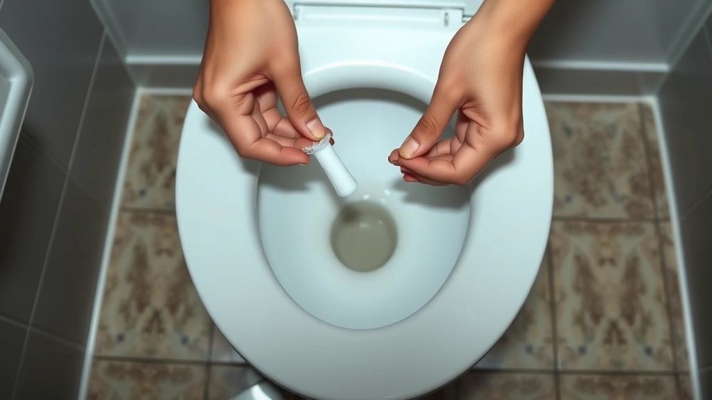 Hands demonstrating the removal process of a tampon over a toilet, showing relaxed posture and proper technique, clinical health education photography style