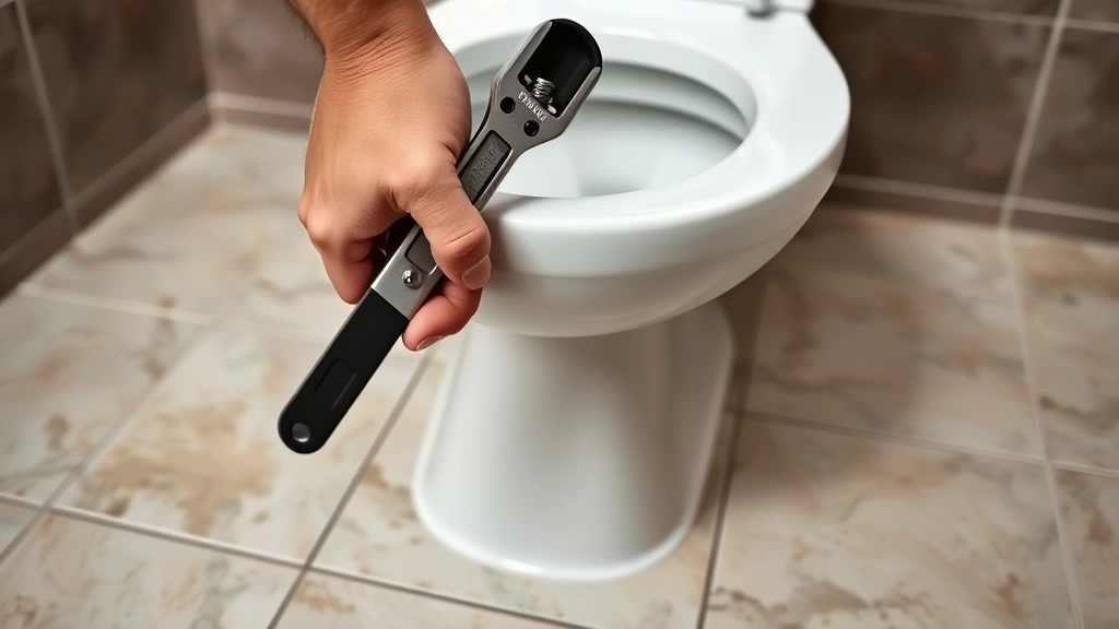 Close-up of hands using an adjustable wrench to loosen bolts at the base of a white toilet against a tiled bathroom floor