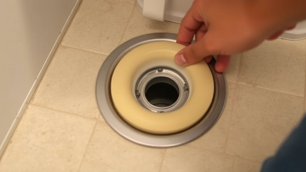 Bird's-eye view of a beige wax ring being pressed onto a visible flange opening in a bathroom floor, showing proper installation technique
