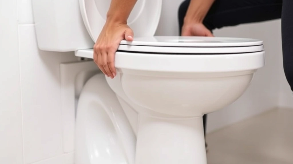 Side profile showing a person carefully lowering a new white ceramic toilet onto the flange, hands guiding the base into position