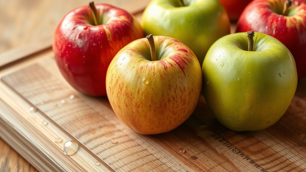 Fresh red and green apples with water droplets on wooden cutting board no text no words no letters